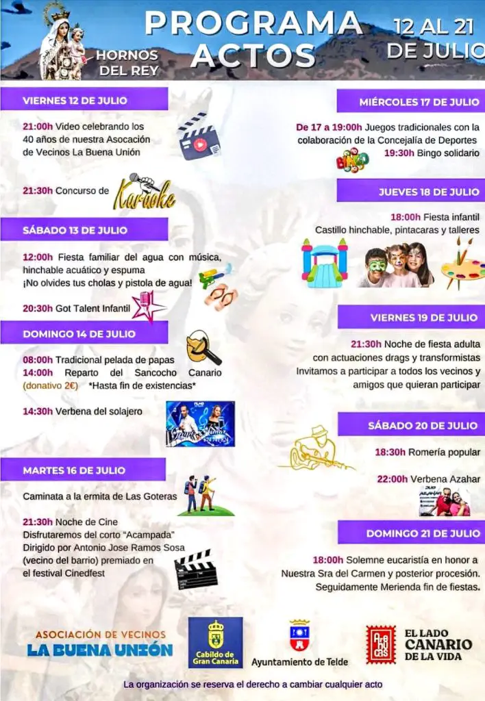 Las Fiestas en Honor a Nuestra Señora del Carmen en Hornos del Rey, Telde, se celebrarán del 12 al 21 de julio de 2024