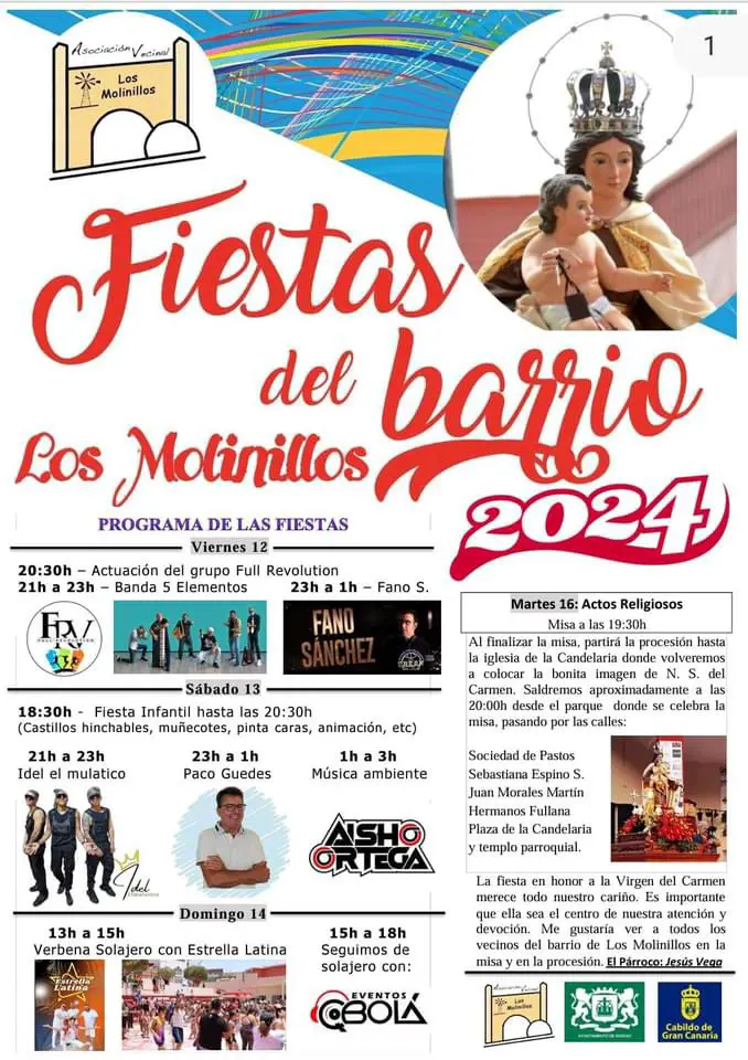 Programación Fiestas del Carmen Los Molinillos en Ingenio 2024. Del 12 al 16 de julio, Los Molinillos se llenará de alegría, música y tradición