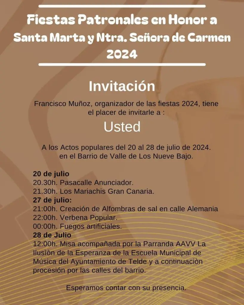 Las Fiestas Patronales en Honor a Santa Marta y Nuestra Señora de Carmen se celebrarán con gran entusiasmo del 20 al 28 de julio de 2024