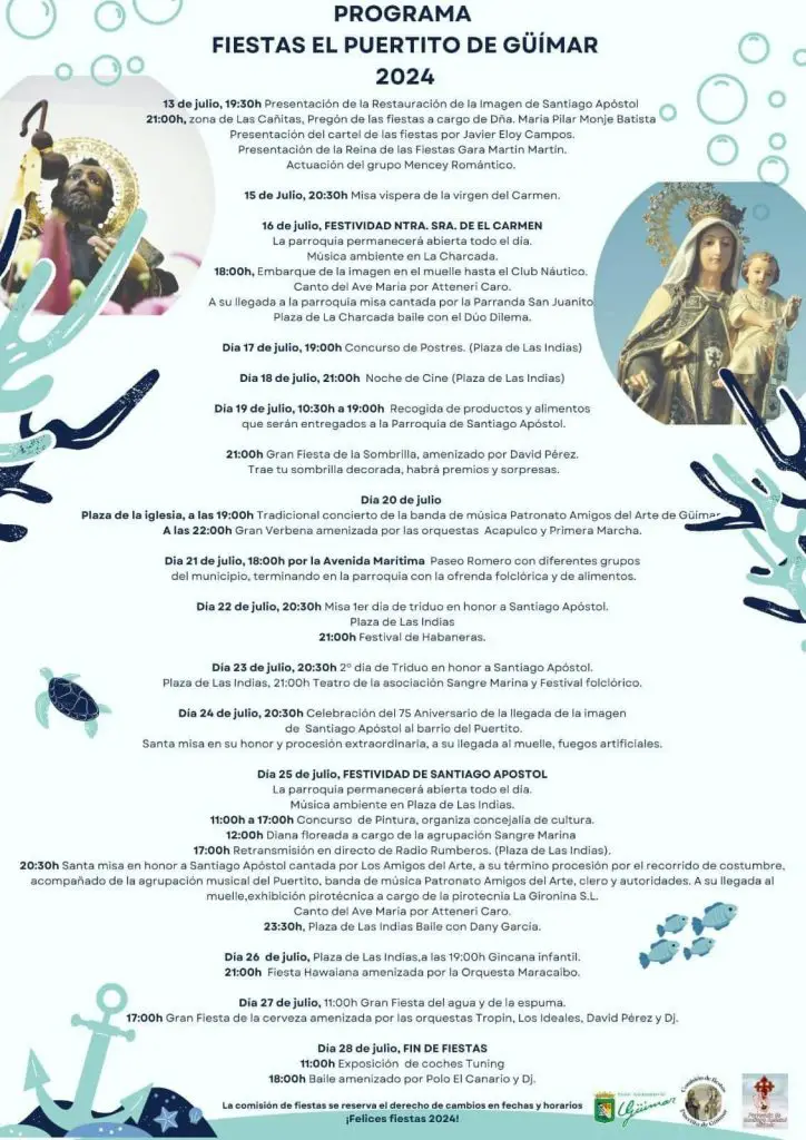 Programa de las Fiestas de Santiago Apóstol y la Virgen del Carmen 2024 en El Puertito de Güímar, Tenerife.