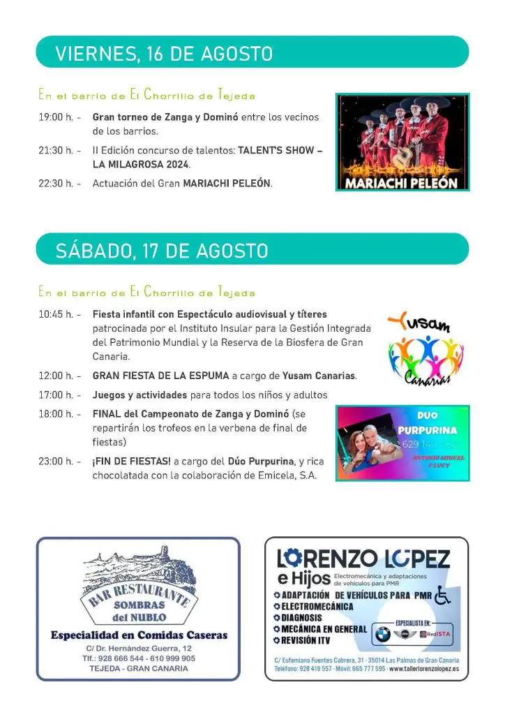 Programa Fiestas La Solana, El Espinillo, El Roque, La Higuerilla y El Chorrillo de Tejeda, La Milagrosa 2024 del 9 al 17 Agosto