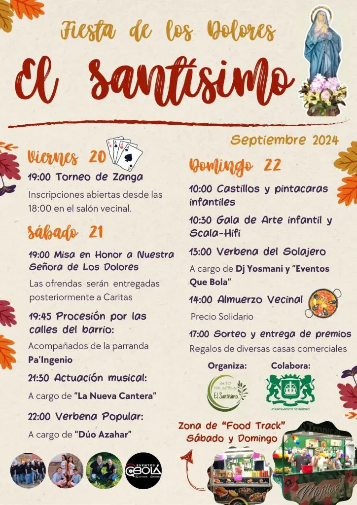 Las Fiestas de Los Dolores El Santísimo en Ingenio se celebrarán del 20 al 22 de septiembre de 2024 y prometen ser un evento lleno de actividades para todas las edades.